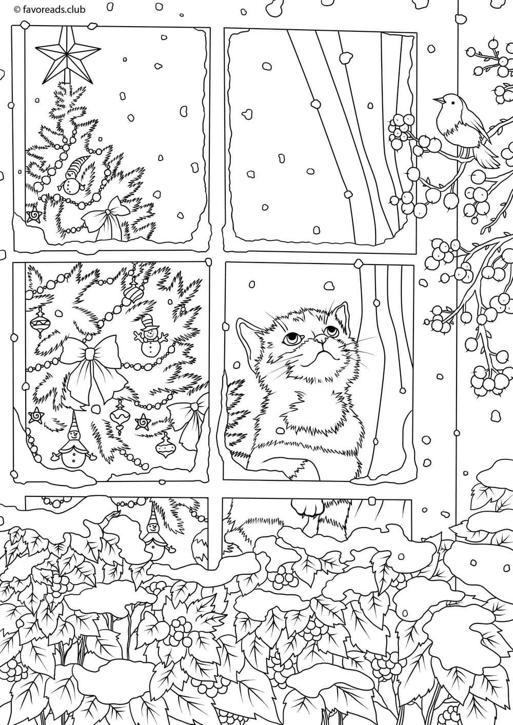 Cat by the Window | christmas coloring pages for preschoolers | christmas coloring pages for adults pdf