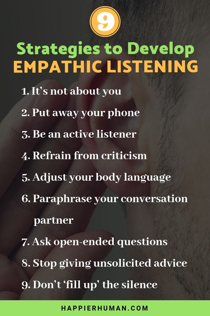 Use these strategies to develop your empathic listening or empathetic listening skills. #mindfulness #awareness #education #psychology #behavior #selfimprovement #relationshipadvice #conversation #relationship #menandwomen