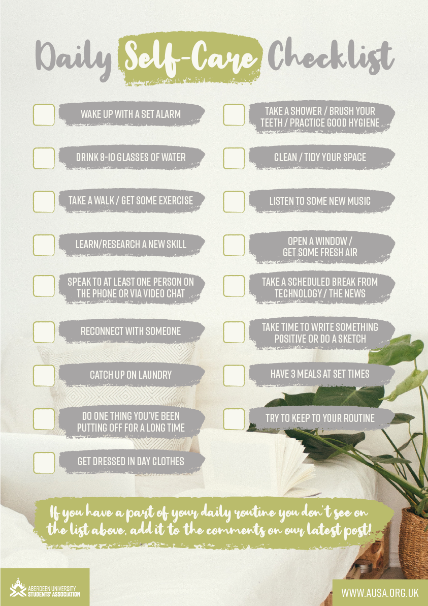 Daily Self-Care Checklist by AUSA | self care checklist pdf | self care checklist for students