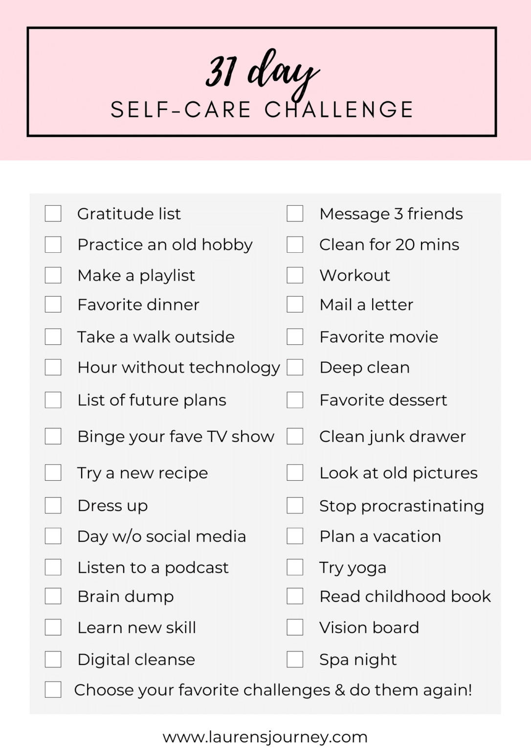 31-Day Self-Care Challenge | self care checklist ideas | self care checklist template